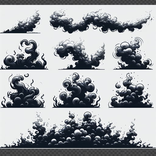 sprite sheet of smoke effect png.
Single Game Texture. In-Game asset. 2d. Blank background. High contrast. No shadows.
