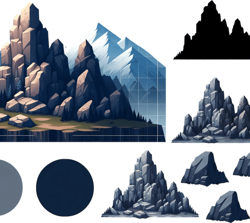 mountain rocks.
Single Game Texture. In-Game asset. 2d. Blank background. High contrast. No shadows.