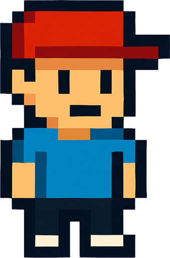 a pixel boy with a hat and a t-shirt.
In-Game asset.  2d.  High contrast.  No shadows