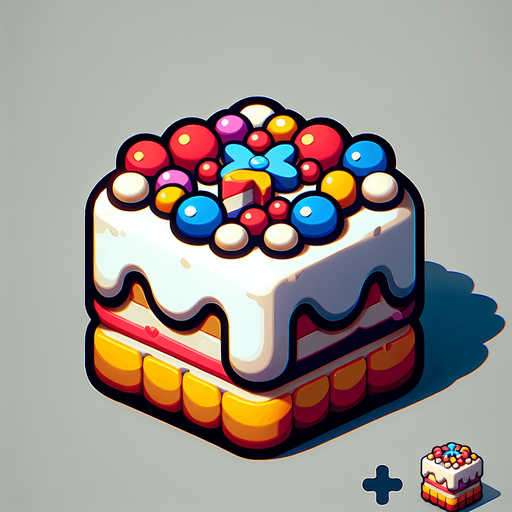 gâteau ( pas réaliste ).
Single Game Texture. In-Game asset. 2d. Blank background. High contrast. No shadows.