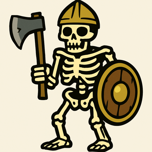 un esqueleto grande, con un hacha, un caso y escudo.
In-Game asset.  2d.  High contrast.  No shadows