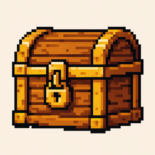 pixel tahta bir hazine kutusu.
In-Game asset.  2d.  High contrast.  No shadows