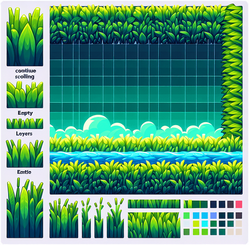 Grass and reeds foreground layer for endless runner.
Single Game Texture. In-Game asset. 2d. Blank background. High contrast. No shadows.