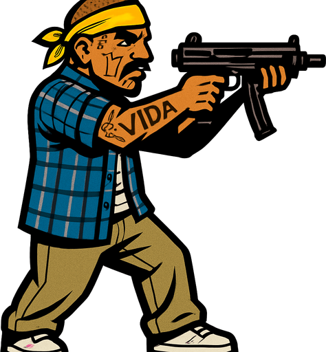 un pandillero mexicano apuntando con un SMG con la perspectiva lateral.
In-Game asset.  2d.  High contrast.  No shadows de cuerpo completo