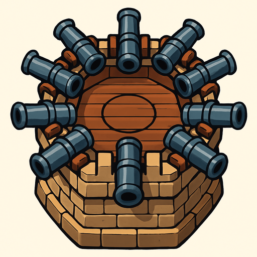 torre con 10 cañones desde arriba.
In-Game asset.  2d.  High contrast.  No shadows