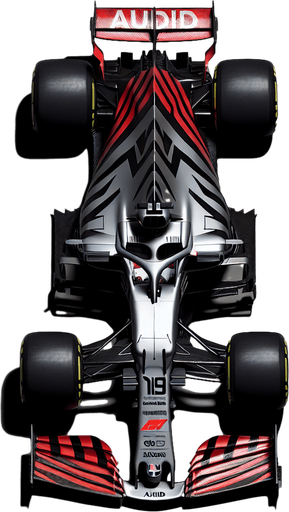 F1 race car. Top view. Grey body with THICK diagonal black stripes. Shiny-red wings with white AUDID text.
Single Game Texture. In-Game asset. 2d. Blank background. High contrast. No shadows.