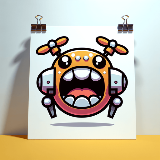 A fun loving hungry cartoon drone with a giant mouth.
Single Game Texture. In-Game asset. 2d. Blank background. High contrast. No shadows.