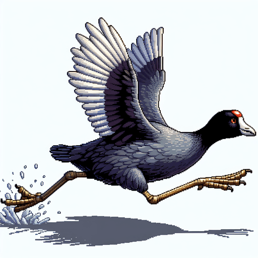 American Coot sprite sheet. Running with wings up..
Single Game Texture. In-Game asset. 2d. Blank background. High contrast. No shadows.