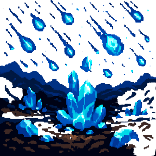 Gran paisaje con piedras brillantes azules callendo del cielo , pixelart.
In-Game asset.  2d.  High contrast.  No shadows