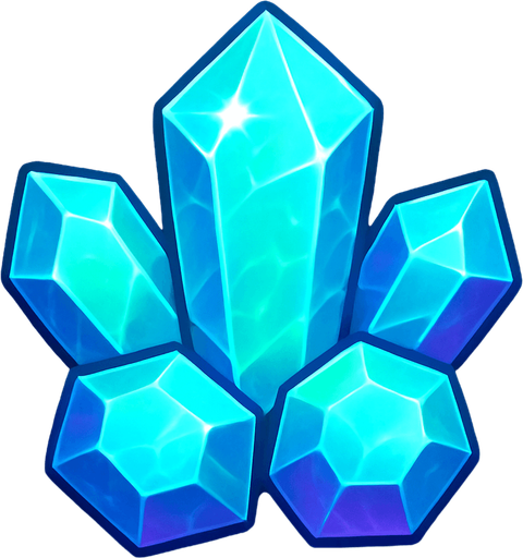 Crea un icono de cristales que represente el recurso mágico y avanzado. Debe ser un pequeño clúster de cristales facetados y brillantes (pueden ser de un solo color dominante o una mezcla sutil de azul, verde y púrpura), vistos directamente desde arriba. La superficie superior debe mostrar los planos de los cristales y un brillo translúcido que sugiera su naturaleza energética..
In-Game asset.  2d.  High contrast.  No shadows