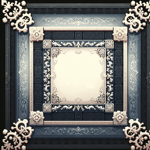 an empty painting with a winter styled frame Single Game Texture. In-Game asset. 2d. Blank background. High contrast. No shadows.