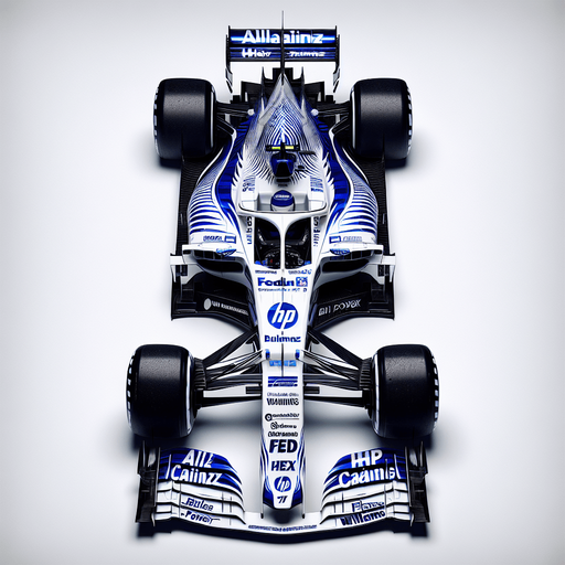 BMW FW26 F1 car from 2006 year. Top view. White body with thick royalblue livery. white coloured Sponsors: ,,Allainz" , ,,caistrol" , hp , FedEx , "Willaims". "BMiW POWER"..
Single Game Texture. In-Game asset. 2d. Blank background. High contrast. No shadows.