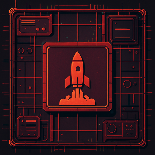 2D Top floor of tower facing the screen to use it as a grid. future. Cyberpunk. abstract. seen from above. HD colors. No Diagonal assets. Red color. Big logo of a Fired rocket on the middle of it.