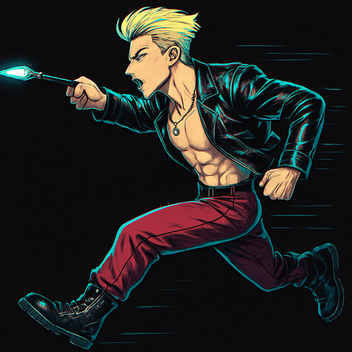 Cyberpunk manga, side profile view running animation frames, shiny black leather biker jacket longsleeves shirtless thin abs pecs necklaces gemstone tipped wand, action shot wand pointed straight in front arm extended wand casting spell fierce fashion pose animation blonde undercut pompadour, vampire fangs, wine red joggers, combat boots, Background removed, "Full-body character, entirely in frame, no cropping of face, head, or feet" "Complete character visible, from head to toe, fully centered in the image" "Entire character, including face and boots, fully within the frame" Character fully contained within a square frame, no edges cut off,