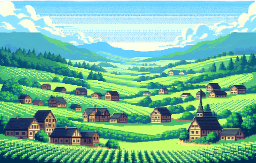 A 16 bit pixel art horizon line of a pastural hobbit village. A beautiful verdant village in the distance with rolling hills and blue skies.
Single Game Texture. In-Game asset. 2d. Blank background. High contrast. No shadows.