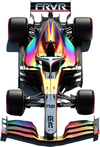 Full-length F1 concept race car IN TOP VIEW! 
Rainbow coloured Gradient paint on body. "FRVR" text..
Single Game Texture. In-Game asset. 2d. Blank background. High contrast. No shadows.