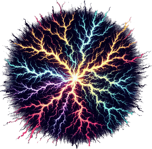 A branching pattern like lightning or cracks, but made of chaotic, multi-colored energy. Could also be a visual of one chaotic explosion triggering others nearby..
Single Game Texture.  In-Game asset.  2d.  Blank background.  High contrast.  No shadows