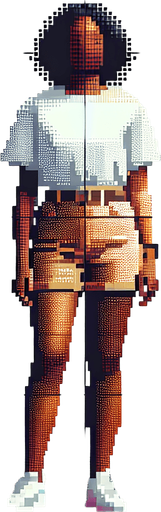 woman in short shorts. mobile game art. pixel art. full body. front facing. Blank background. High contrast. No shadows.