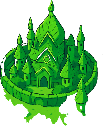 image top down hutan pinus luas yang ditengahnya terdapat kerajaan peri daun. 2d anime.
In-Game asset.  2d.  High contrast.  No shadows