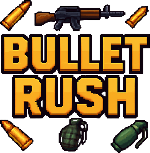 Create an title image written "Bullet Rush" in it, add some elements of war like bulets and make it in a semirealistic 16bit style.
In-Game asset.  2d.  High contrast.  No shadows