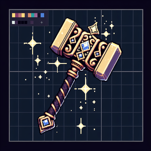 Магический элегантный молот мастера эльфа.
Single Game Texture. In-Game asset. 2d. Blank background. High contrast. No shadows.Pixel Art