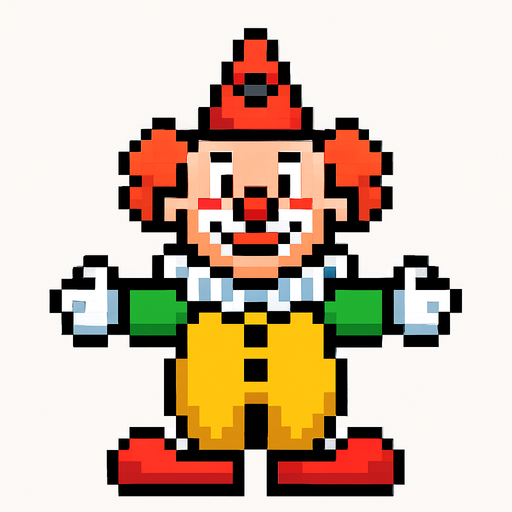 Create pixel art clown with no background.
In-Game asset.  2d.  High contrast.  No shadows