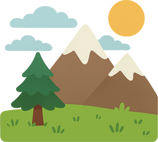 arka planda sağ üst köşede güneş var. arka planda oyunun üst kısmında soldan sağa hareket eden bulutlar var. ve arka planda kocaman dağlar var ve üst kısımları karlarla kaplı. arka planda oyuncuya yakın ağaç ve çimler bulunmakta. No background. Transparent background. Blank background. No shadows. 2d. In-Game asset. flat