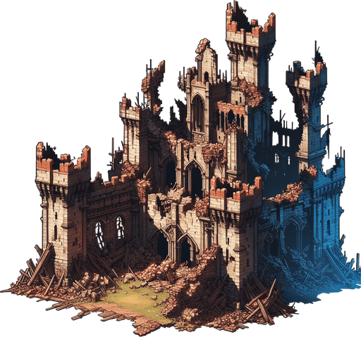 Château fort détruit.
Single Game Texture. In-Game asset. 2d. Blank background. High contrast. No shadows.