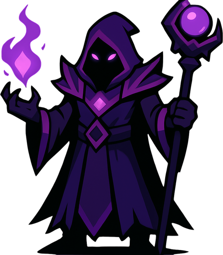 Darkness wizard, con cuerpo entero.
In-Game asset.  2d.  High contrast.  No shadows