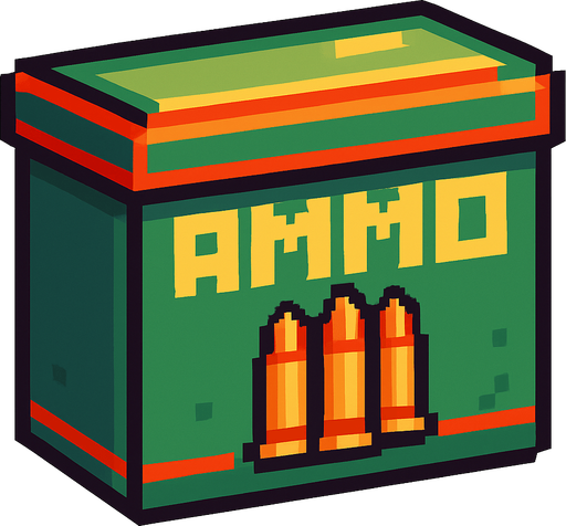 Caja de munición de colores retro pixelart.
In-Game asset.  2d.  High contrast.  No shadows