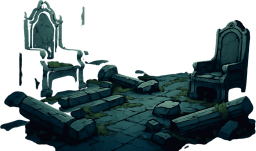 A crumbling forgotten palace with fallen pillars, moss overtaking marble, broken thrones and moonlight through shattered roof, realistic.
In-Game asset.  2d.  High contrast.  No shadows