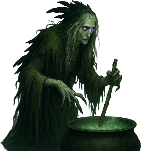 A hauntingly beautiful swamp witch draped in moss-draped robes and raven feathers. Female, 44 years old, tall and willowy, long tangled silver-blonde hair, glowing violet eyes, pale greenish skin marked with old runes. Fingers elongated and tipped with claws. She stirs a cauldron in the middle of a foggy, glowing swamp surrounded by will-o'-wisps. Realistic, highly detailed, eerie mystical style. realistic.
In-Game asset.  2d.  High contrast.  No shadows