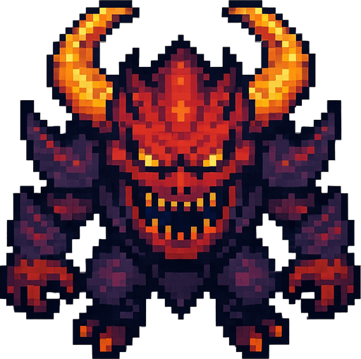 Un enemigo jefe nivel avanzado visto desde arriba, pixel cartoon..
In-Game asset.  2d.  High contrast.  No shadows