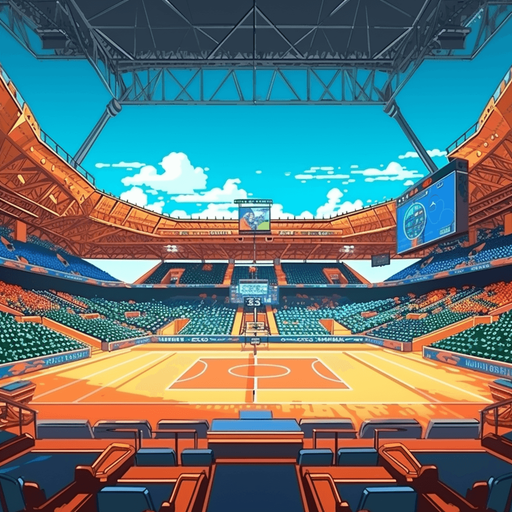 Indoor stadium seen from court
Single Game Texture. In-Game asset. 2d. Pixelart. White background. Blank background. Low detail. High contrast. --no goal
