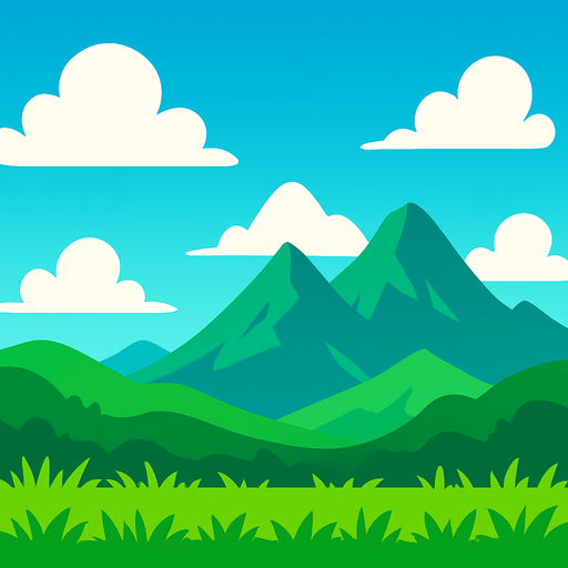 game background with grass at the bottom and sky and mountains at the back.
In-Game asset.  2d.  High contrast.  No shadows