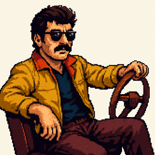 pixel art image of a 34-year-old cool-looking driver guy in a vintage retro 1980s style, Turkish style depicted in a 3/4 view. The driver should be leaning back casually, exuding confidence and style, with one hand on the wheel as if driving. Single Game Texture. In-Game asset. 2d. Blank background. High contrast. No shadows.
