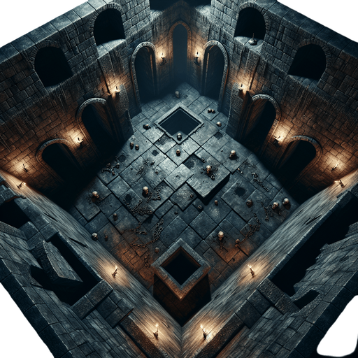 A dark, stone-walled dungeon chamber viewed directly from above. The floor is uneven with scattered bones and chains. Each wall has an entrance centered in the middle, like arched doorways, positioned on the top, bottom, left, and right sides. The room fills the entire frame, with torch-lit ambiance..
Full-frame, top-down view of a stone-walled dungeon chamber. Uneven floor, bones, chains, torch lighting. Open, arched entrances centered on each wall: top, bottom, left, and right. No 3D perspective, even lighting.