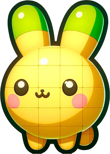 Cute 3d steel kawaii rabbit yellow with green ears.
Single Game Texture. In-Game asset. 2d. Blank background. High contrast. No shadows.