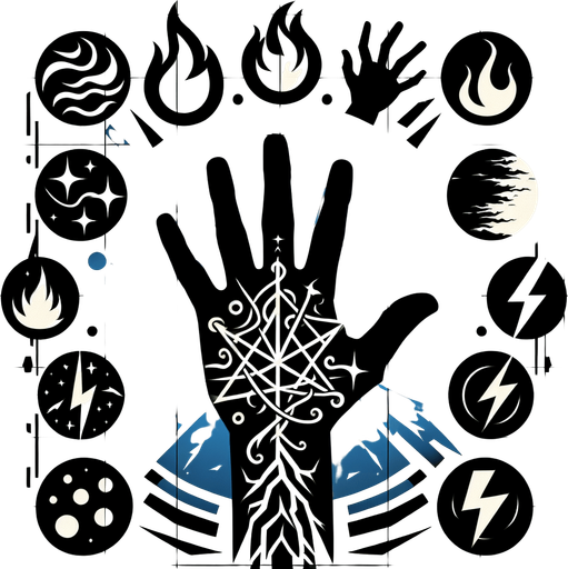 A hand silhouette centrally placed, with symbolic representations of different elements (fire, ice/water, lightning/wind) swirling around it or emanating from the fingertips. Could also be intersecting elemental runes..
Single Game Texture.  In-Game asset.  2d.  Blank background.  High contrast.  No shadows