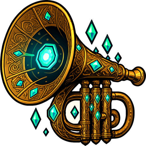 Una trompeta de proporciones colosales, con una campana que se abre como un altavoz parabólico gigante. Su superficie podría ser de un metal brillante y pulido, con intrincados grabados o incrustaciones de cristales resonantes que brillan intensamente. Podría tener un sistema de lentes o emisores de energía en su boca..
In-Game asset.  2d.  High contrast.  No shadows