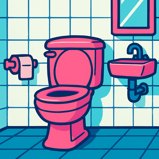 A bathroom with a pink toilet.
In-Game asset.  2d.  High contrast.  No shadows