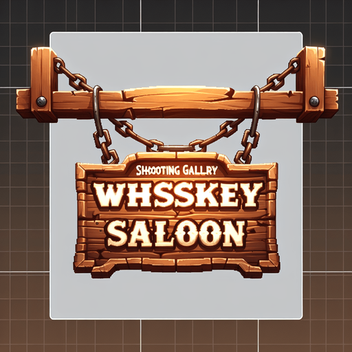 front facing western shooting gallery wooden sign hanging from chains that is written "Whiskey Saloon".
Single Game Texture. In-Game asset. 2d. Blank background. High contrast. No shadows.