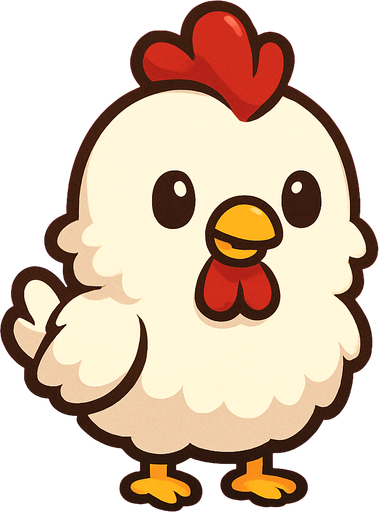 “A cute cartoon-style chicken character designed for a mobile game. White fluffy feathers, red comb and wattle, small yellow beak, round black eyes, tiny orange feet, standing upright with a cheerful expression. Colorful, simple background. High-quality digital illustration, ideal for a fun kids game.”.
In-Game asset.  2d.  High contrast.  No shadows. cartoon style