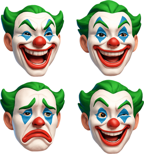 3D funny face meme joker. different faces look. face only
In-Game asset.  3D.  High contrast.  No shadows. face only