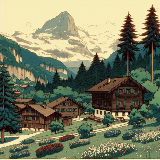 anime image 2d ghibli style. swiss forrest 
mountain and traditional village.
Single Game Texture.  In-Game asset.  2d.  Blank background.  High contrast.  No shadows