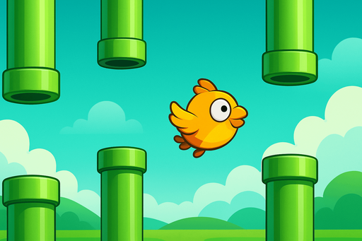 Fullscreen modern App Store landscape banner, 16:9, high definition, for a game titled "Flappy Wings" and with the description "Navigate a falling bird through pipe obstacles by tapping to flap and maintain flight altitude.". No text on banner!