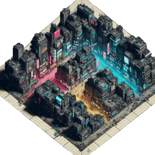 Cyberpunk city tile set. Top down view..
Single Game Texture.  2d.  Blank background.  High contrast.  No shadows