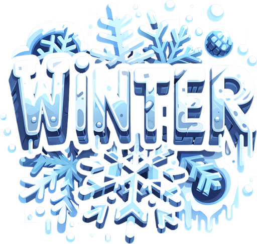 Create an SVG text design for "WINTER" in bold cartoon style with chunky rounded letters. Add small snowflake accents and icy details in cool, frosty blues and white.​​​​​​​​​​​​​​​​.
Single Game Texture. In-Game asset. 2d. Blank background. High contrast. No shadows.