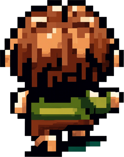 The hobbit is jumping. His feet stick out on either side as he jumps.  Pixel art