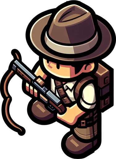 A man with a crowwbow in a hat from above cartoon style.
Single Game Texture. In-Game asset. 2d. Blank background. High contrast. No shadows.